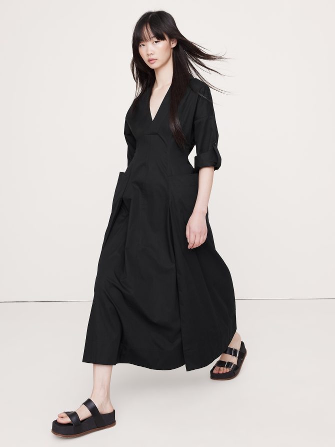 COTTON TWILL LONG MIDI DRESS
