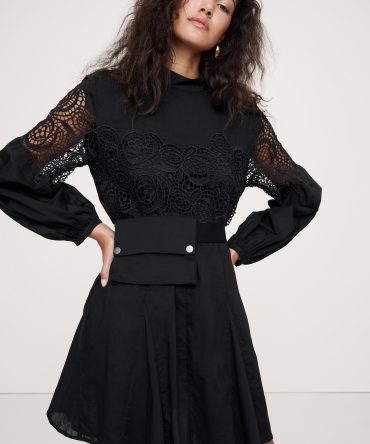 COTTON & LACE MOCK-NECK DRESS WITH REMOVABLE BELT BAG