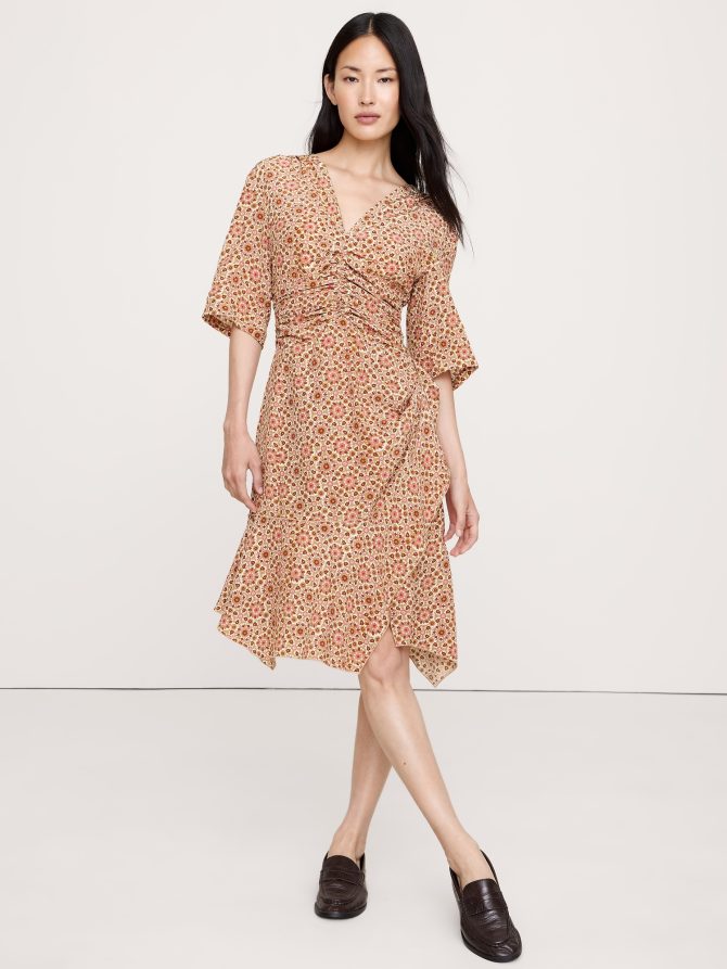 MATTE SILK RUCHED-FRONT DRESS