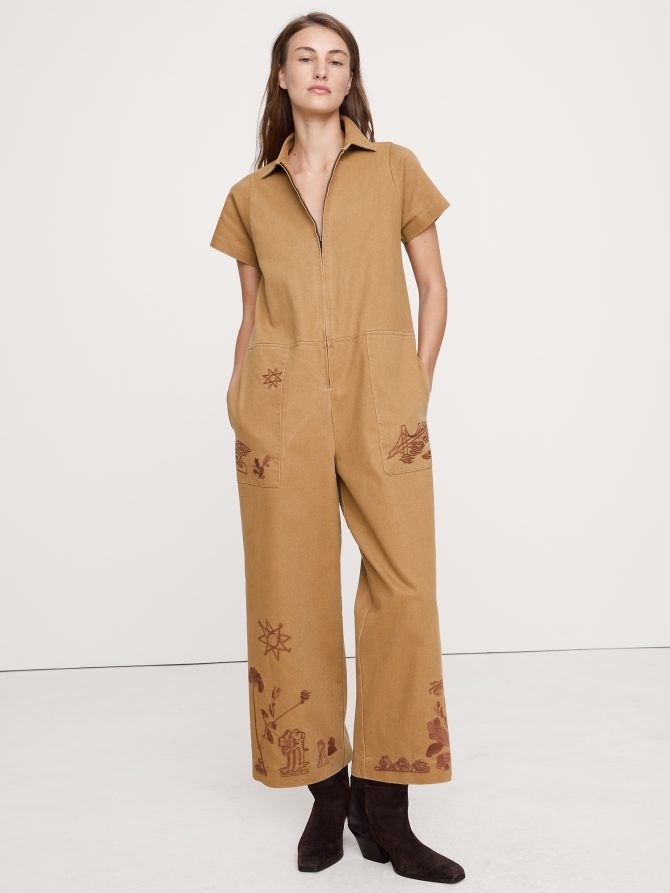 RELAXED EMBROIDERED COTTON CANVAS JUMPSUIT
