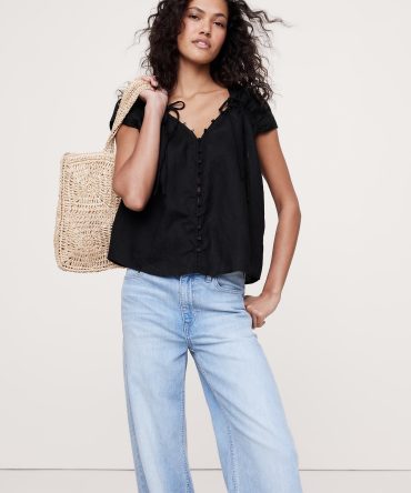 Oversized Linen Button-Front Drawstring Top