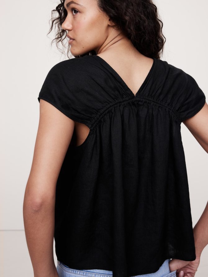 Oversized Linen Button-Front Drawstring Top - Image 2