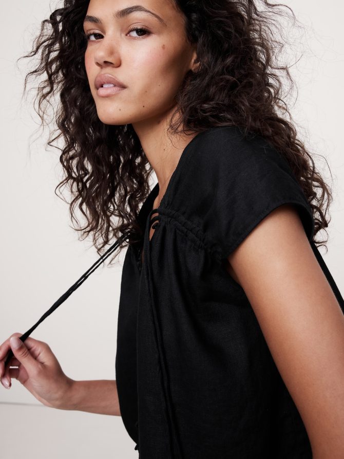 Oversized Linen Button-Front Drawstring Top - Image 3