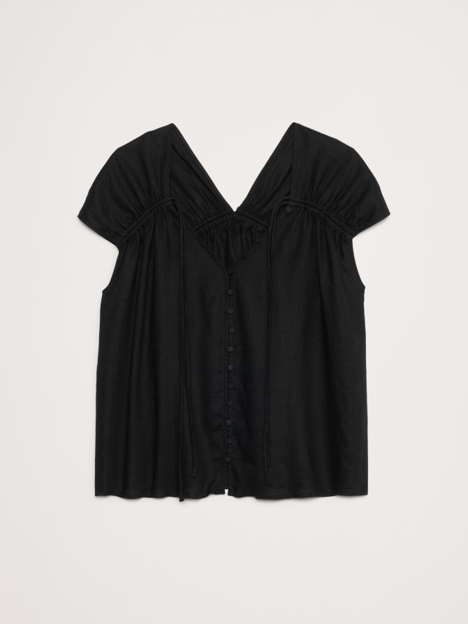 Oversized Linen Button-Front Drawstring Top - Image 7