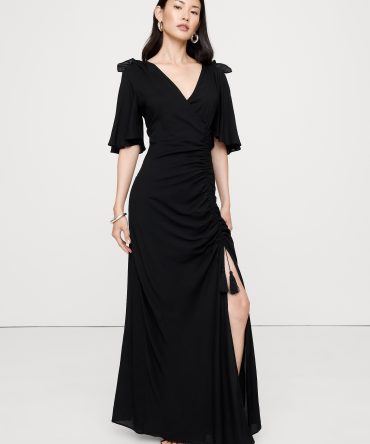 STRETCH-CREPE FLUTTER-SLEEVE MAXI DRESS