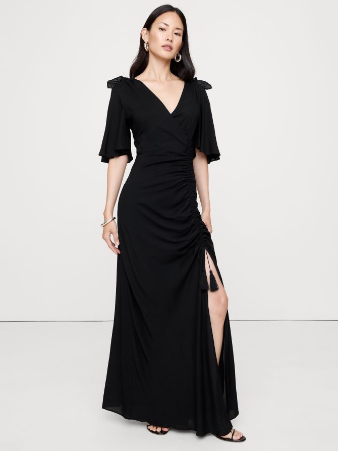 STRETCH-CREPE FLUTTER-SLEEVE MAXI DRESS