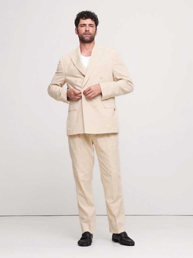 Herringbone Cotton-Linen Double-Breasted Suit Jacket - Image 2