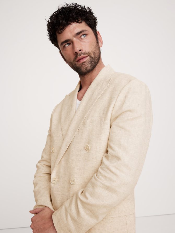Herringbone Cotton-Linen Double-Breasted Suit Jacket - Image 4