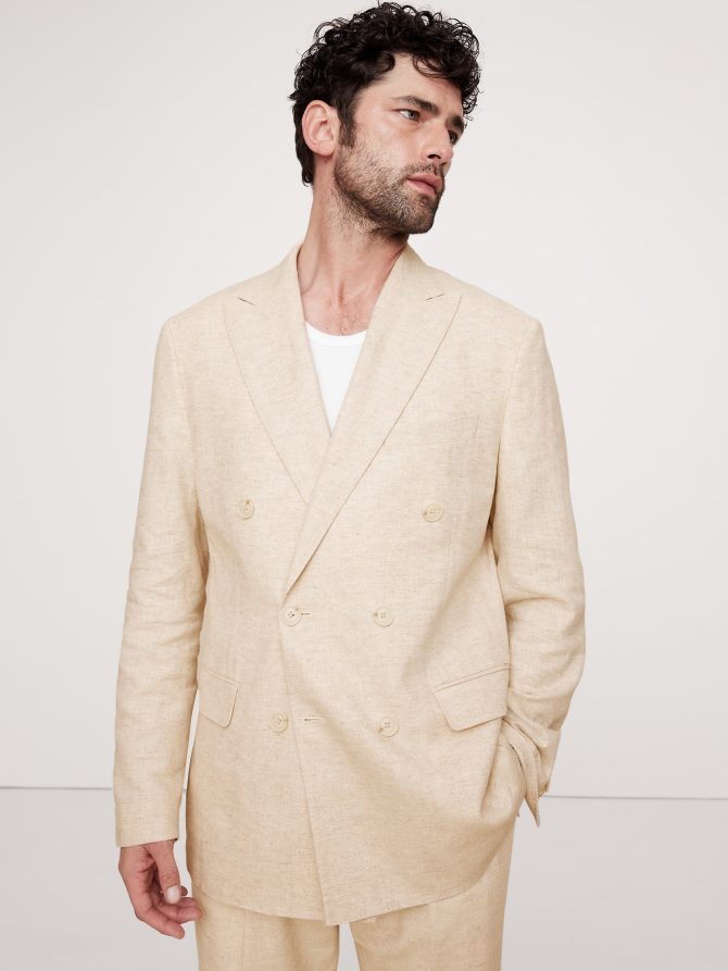 Herringbone Cotton-Linen Double-Breasted Suit Jacket - Image 5