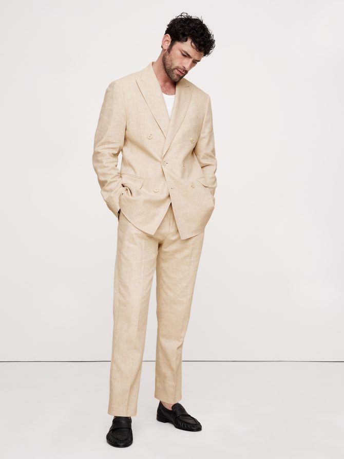 Herringbone Cotton-Linen Double-Breasted Suit Jacket - Image 6