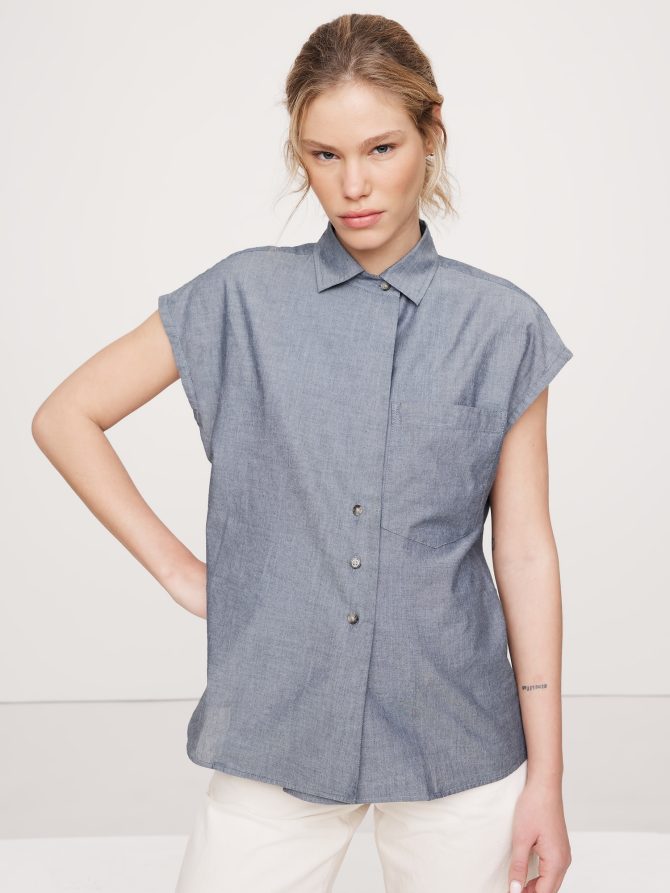 Oversized Cotton Chambray Asymmetrical Tunic - Image 3