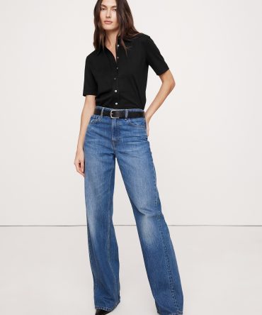 Silky Cotton Short-Sleeve Button-Down Top