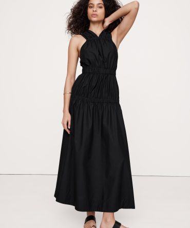 Cotton Poplin Ruched Drop-Waist Maxi Dress