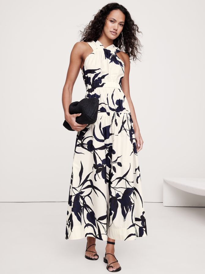 Cotton Poplin Ruched Drop-Waist Maxi Dress - Image 4