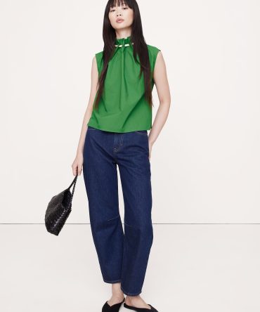 COTTON POPLIN CINCH-NECK TOP