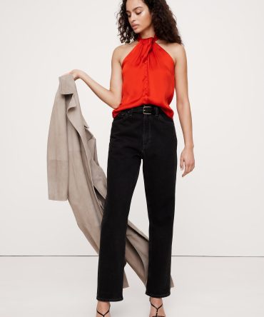 Hammered Satin Halter Button-Down Top