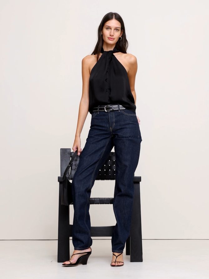 Hammered Satin Halter Button-Down Top - Image 2