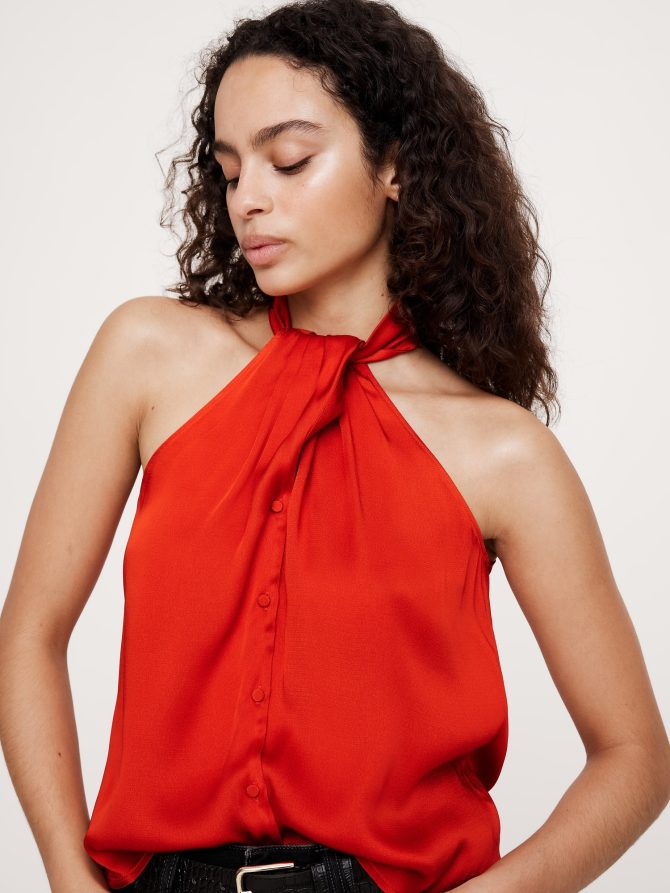 Hammered Satin Halter Button-Down Top - Image 4