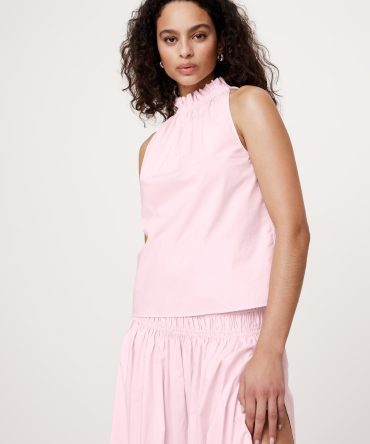 Cotton Poplin Ruche-Neck Top
