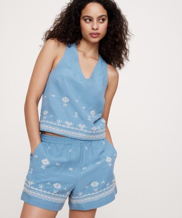 Embroidered TENCEL™-Linen Cross-back Tank