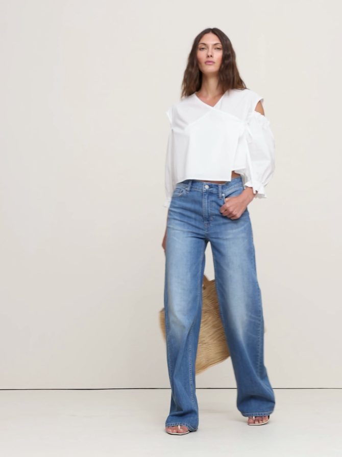 Cotton Poplin Puff-Sleeve Cropped Top - Image 2
