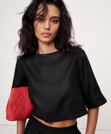 Linen Boat-Neck Cropped Top