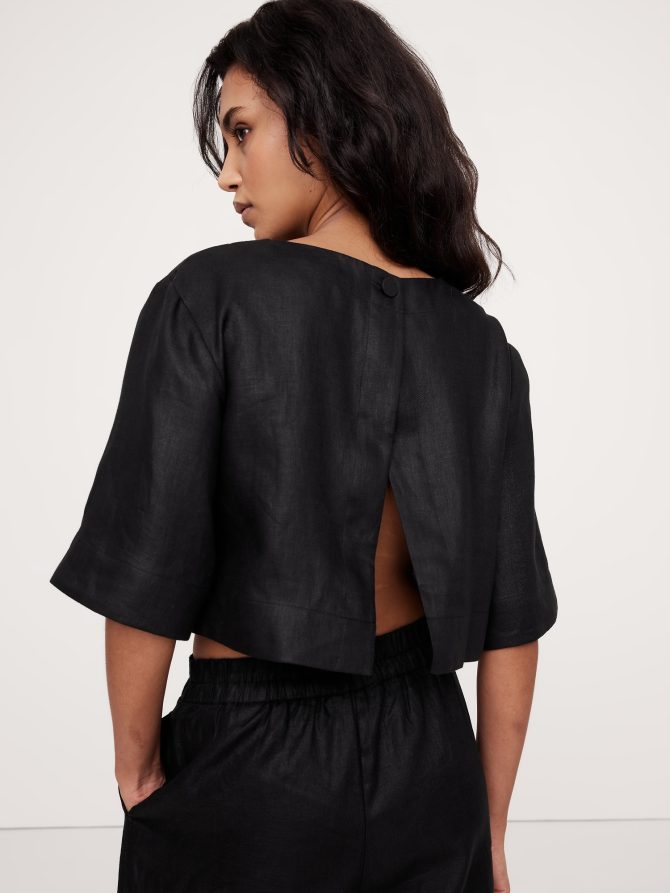 Linen Boat-Neck Cropped Top - Image 3