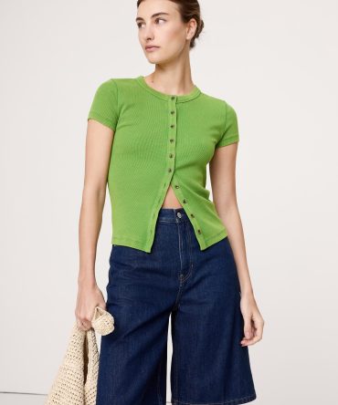 Ribbed Short-Sleeve Button-Down Top