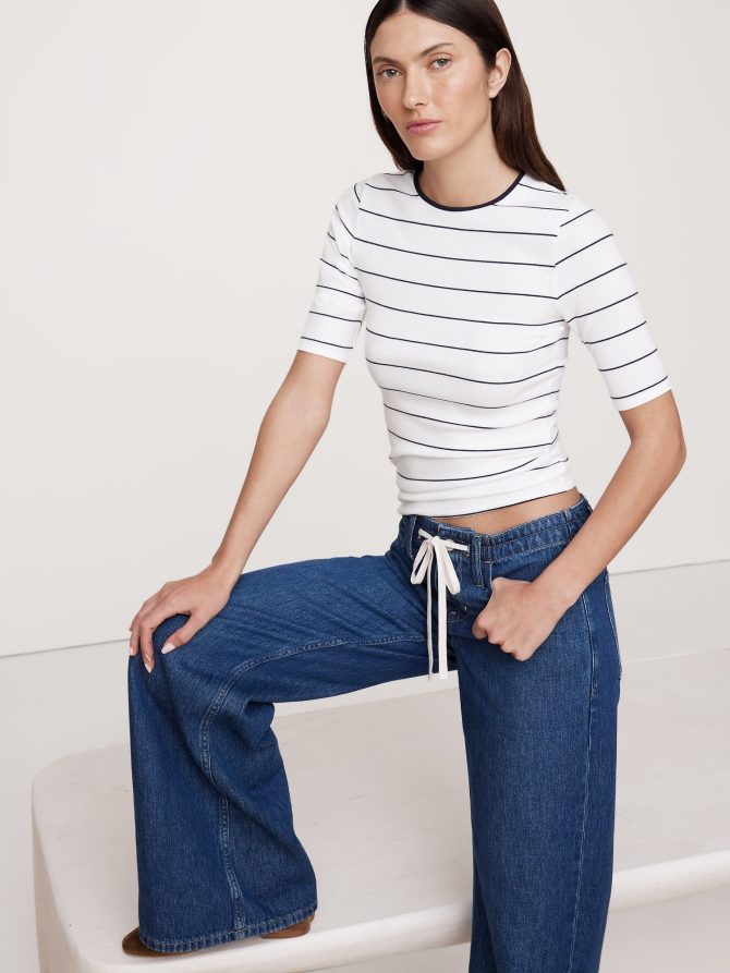 Ribbed Elbow-Sleeve T-Shirt - Image 4