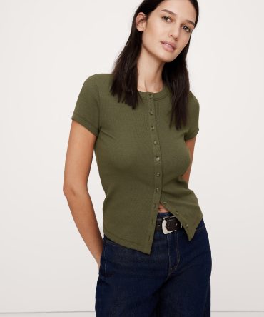 Ribbed Short-Sleeve Button-Down Top