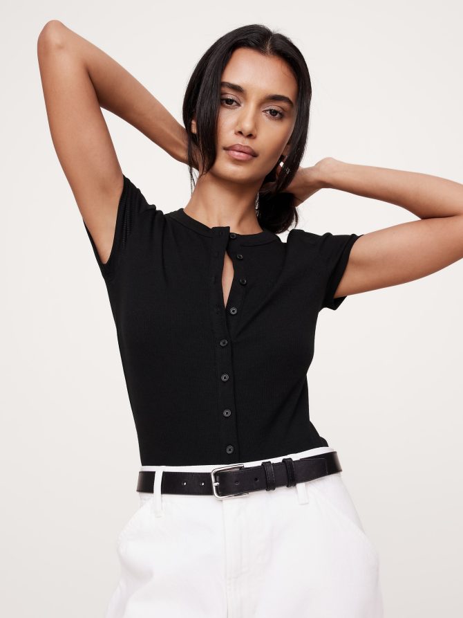 Ribbed Short-Sleeve Button-Down Top - Image 3